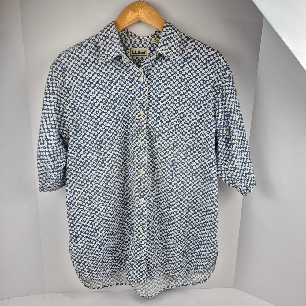 LL Bean VTG 90s Blouse Women M‎ Blue Ditsy Floral 100% Cotton Short Sleeve
